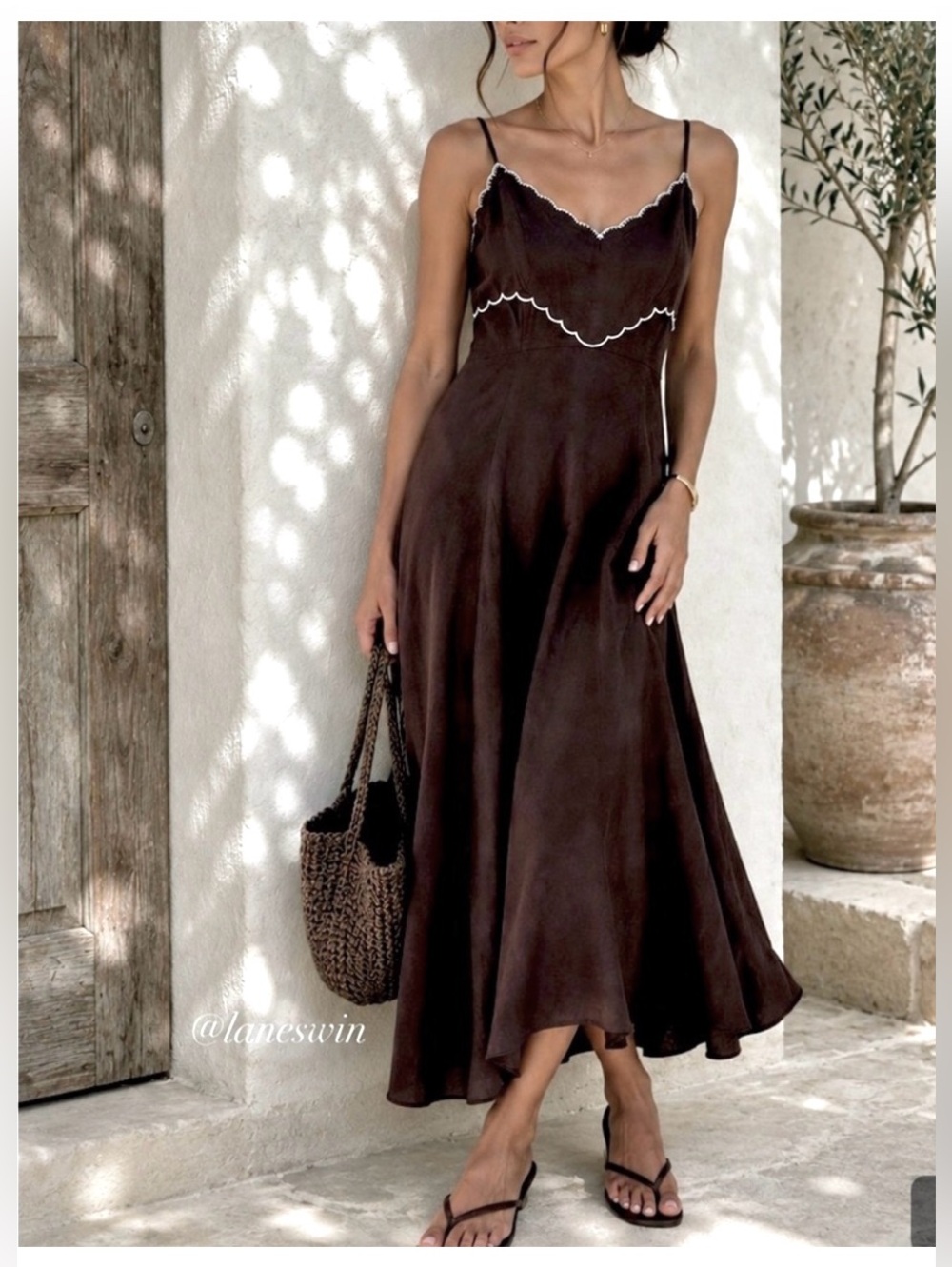 Caroline Constas Linen maxi spaghetti straps summer dress brown size S